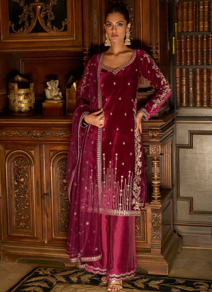 Women Lashkaraa | Wine Embroidered Velvet Palazzo Suit