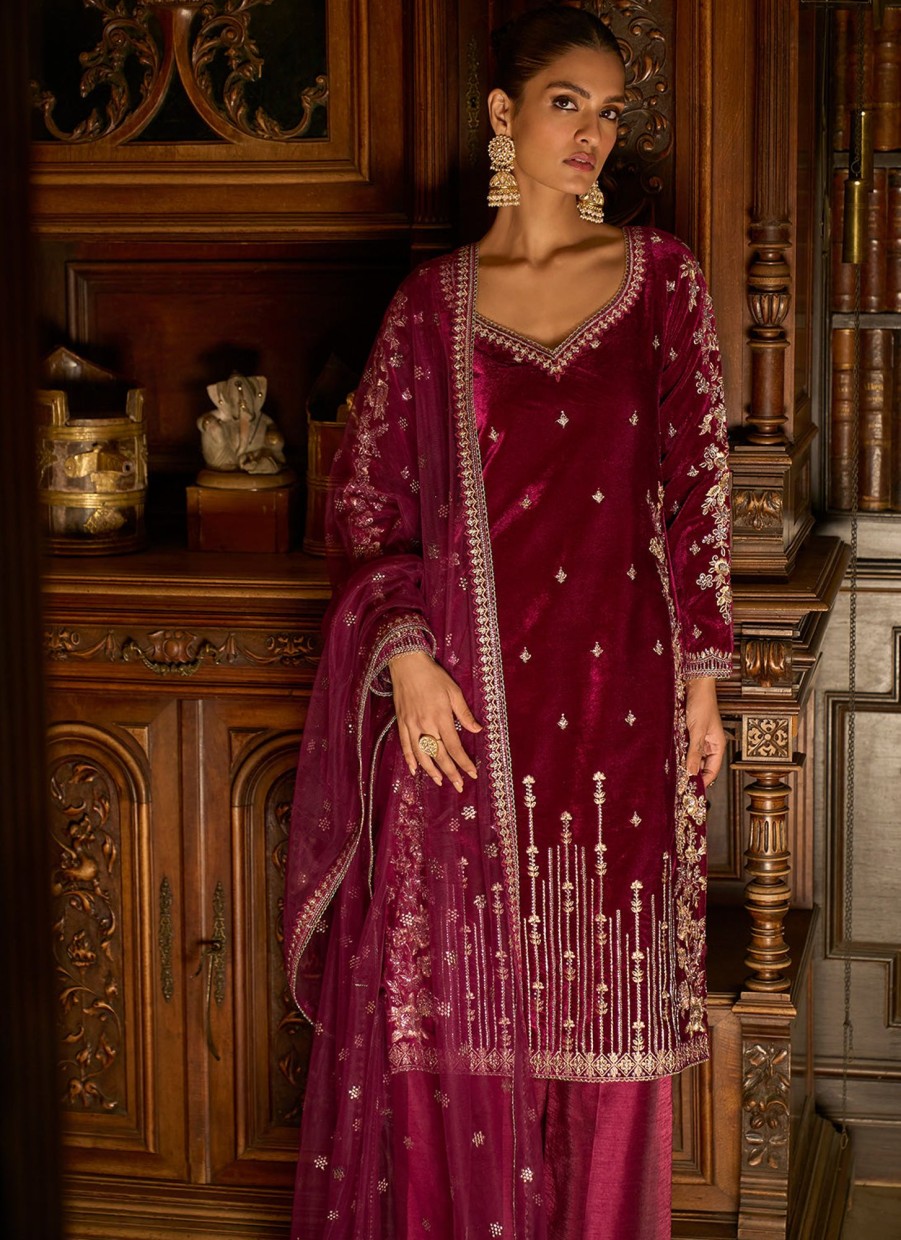 Women Lashkaraa | Wine Embroidered Velvet Palazzo Suit