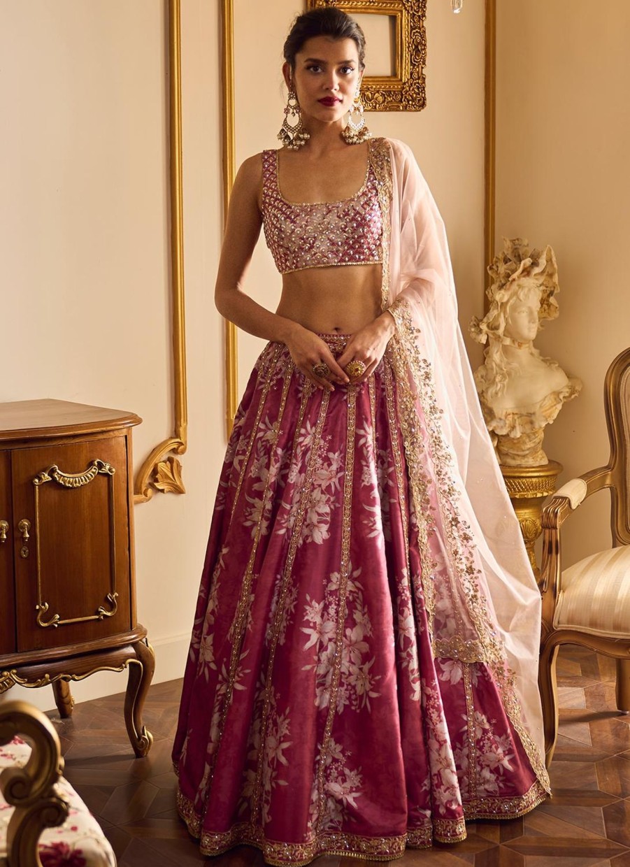 Women Lashkaraa | Maroon Floral Printed Lehenga