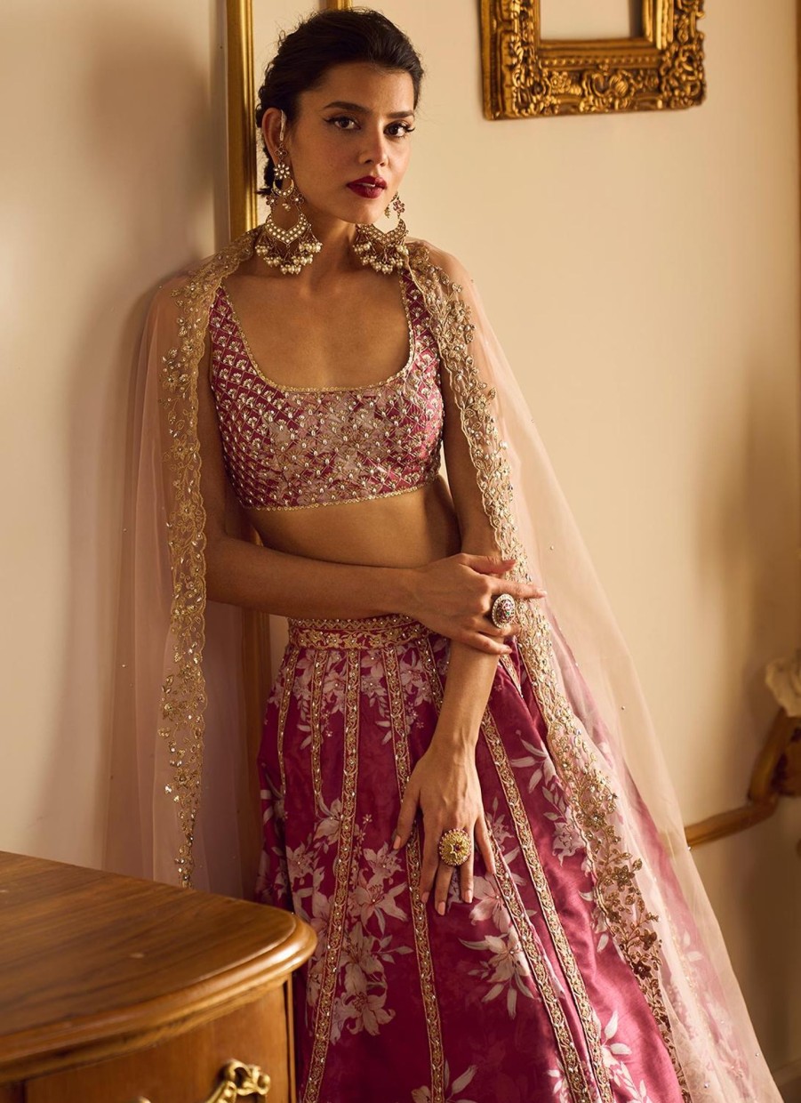 Women Lashkaraa | Maroon Floral Printed Lehenga