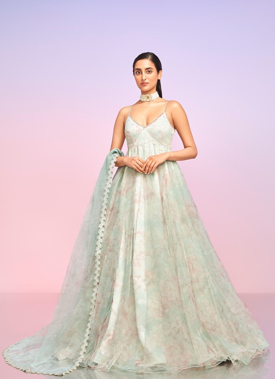 Women Lashkaraa | Light Dusty Green Floral Embellished Anarkali