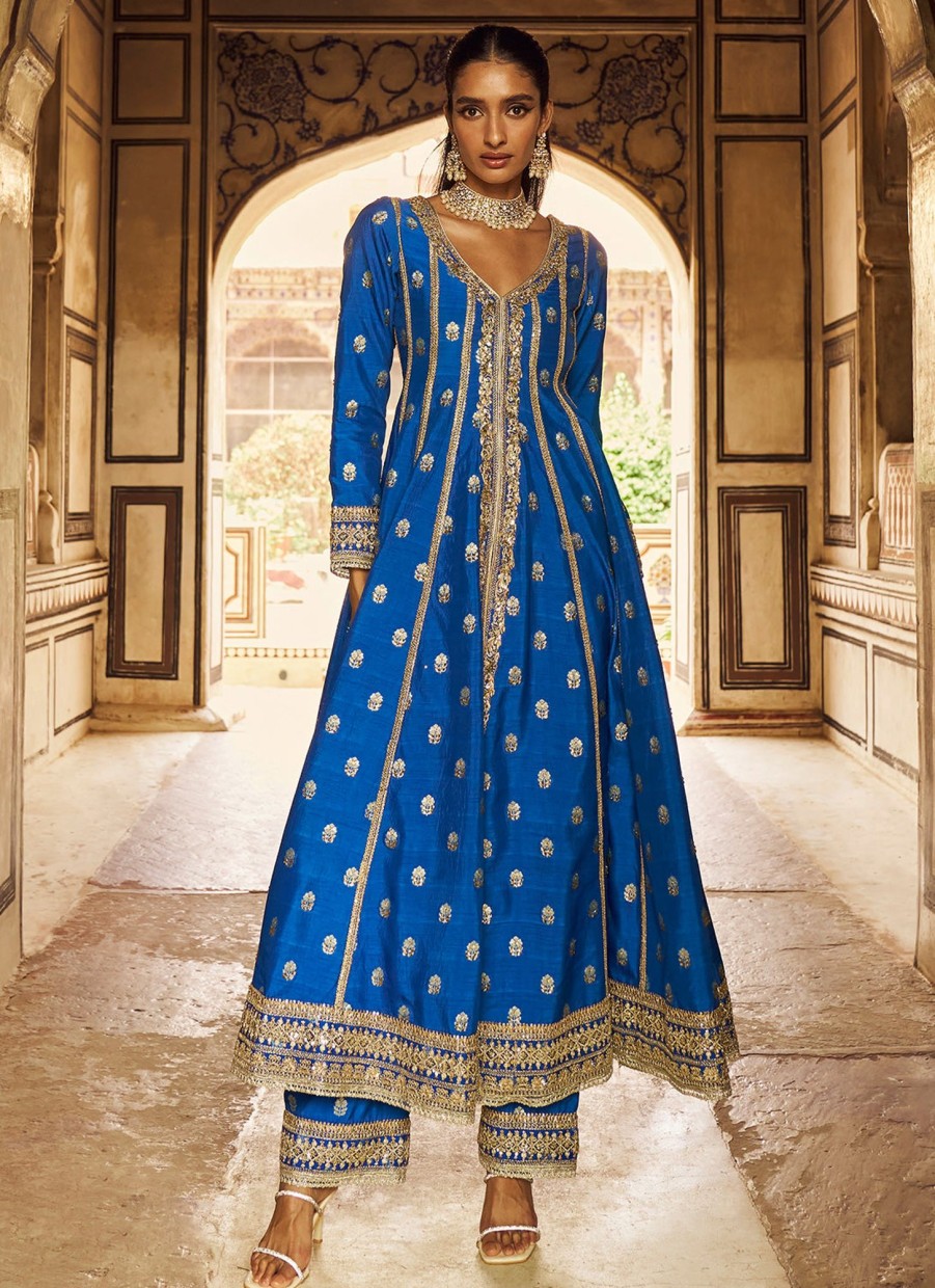 Women Lashkaraa | Blue Embroidered Anarkali Style Palazzo