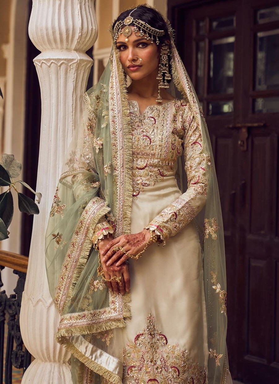 Women Lashkaraa | Cream And Light Green Embroidered Palazzo Suit