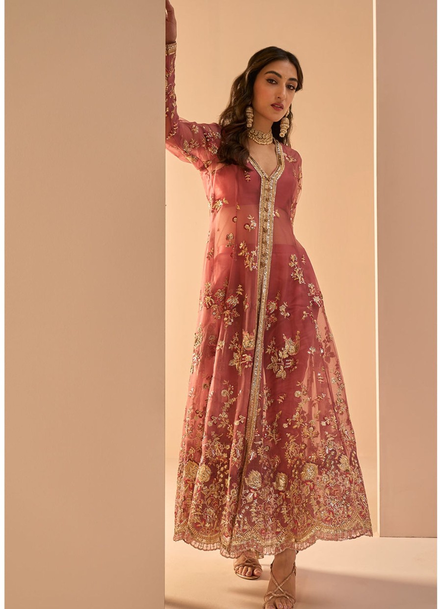 Women Lashkaraa | Coral Embroidered Jacket Suit