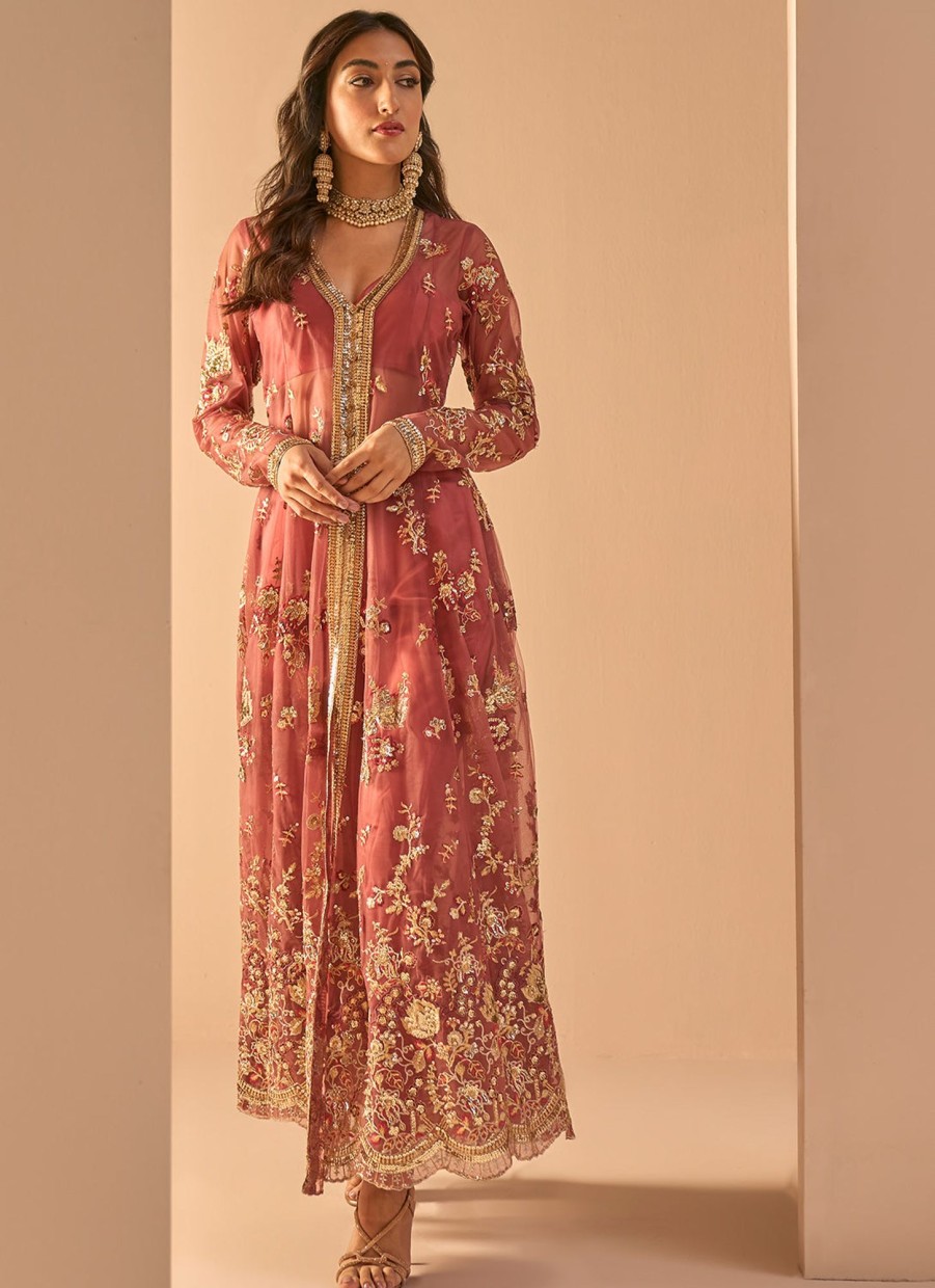 Women Lashkaraa | Coral Embroidered Jacket Suit