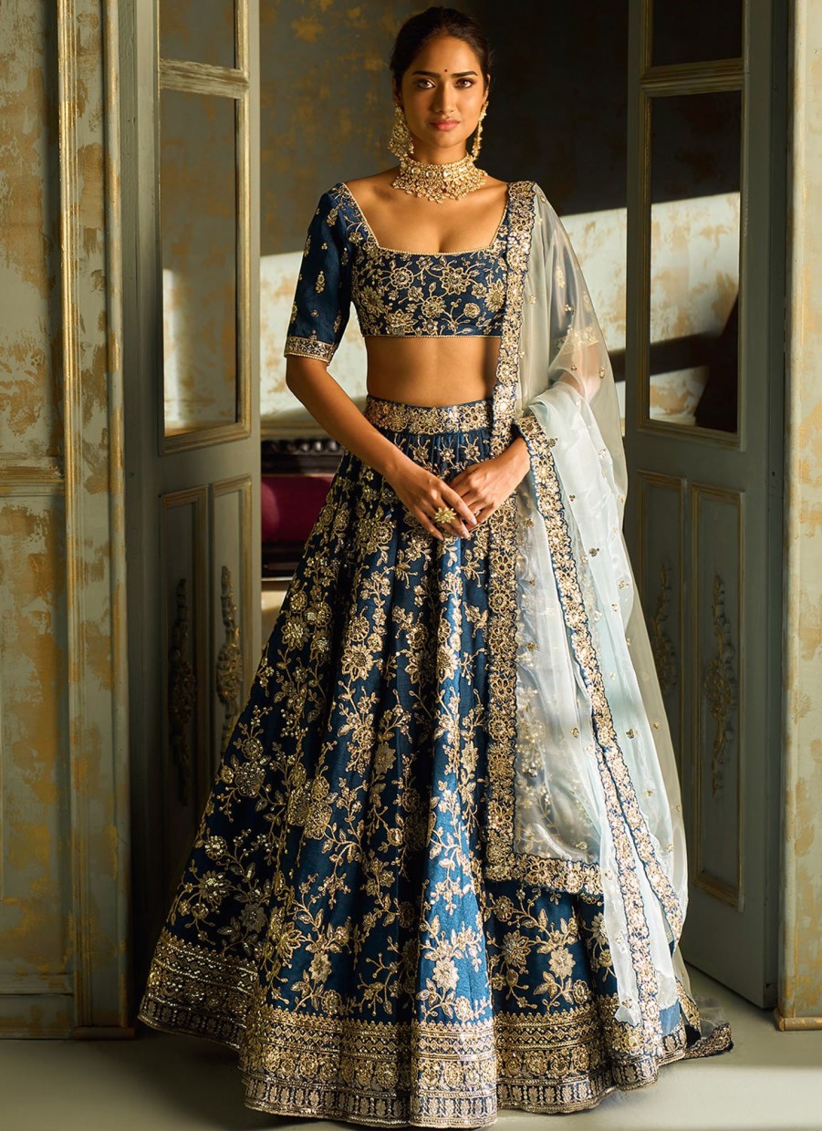 Women Lashkaraa | Dark Blue Embroidered Lehenga