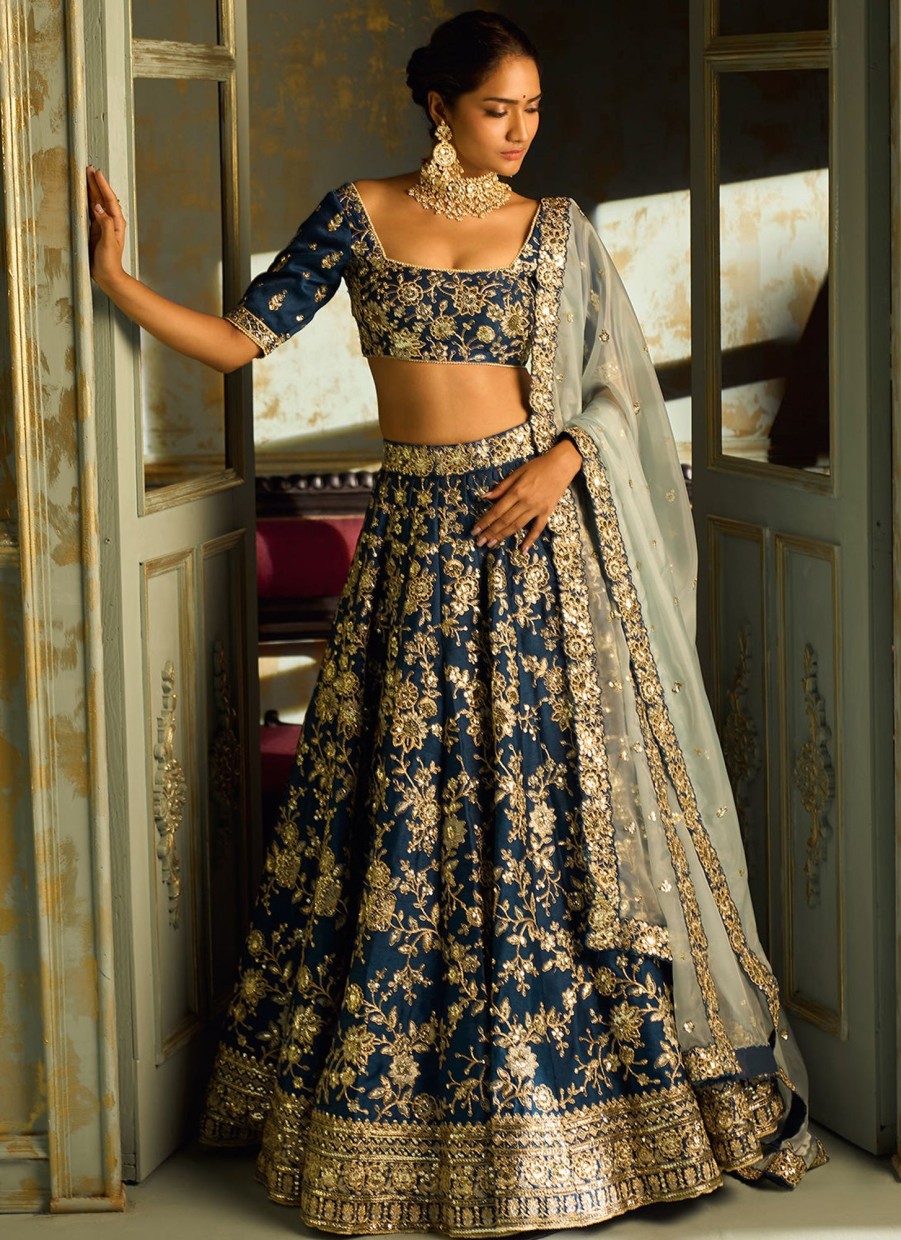 Women Lashkaraa | Dark Blue Embroidered Lehenga