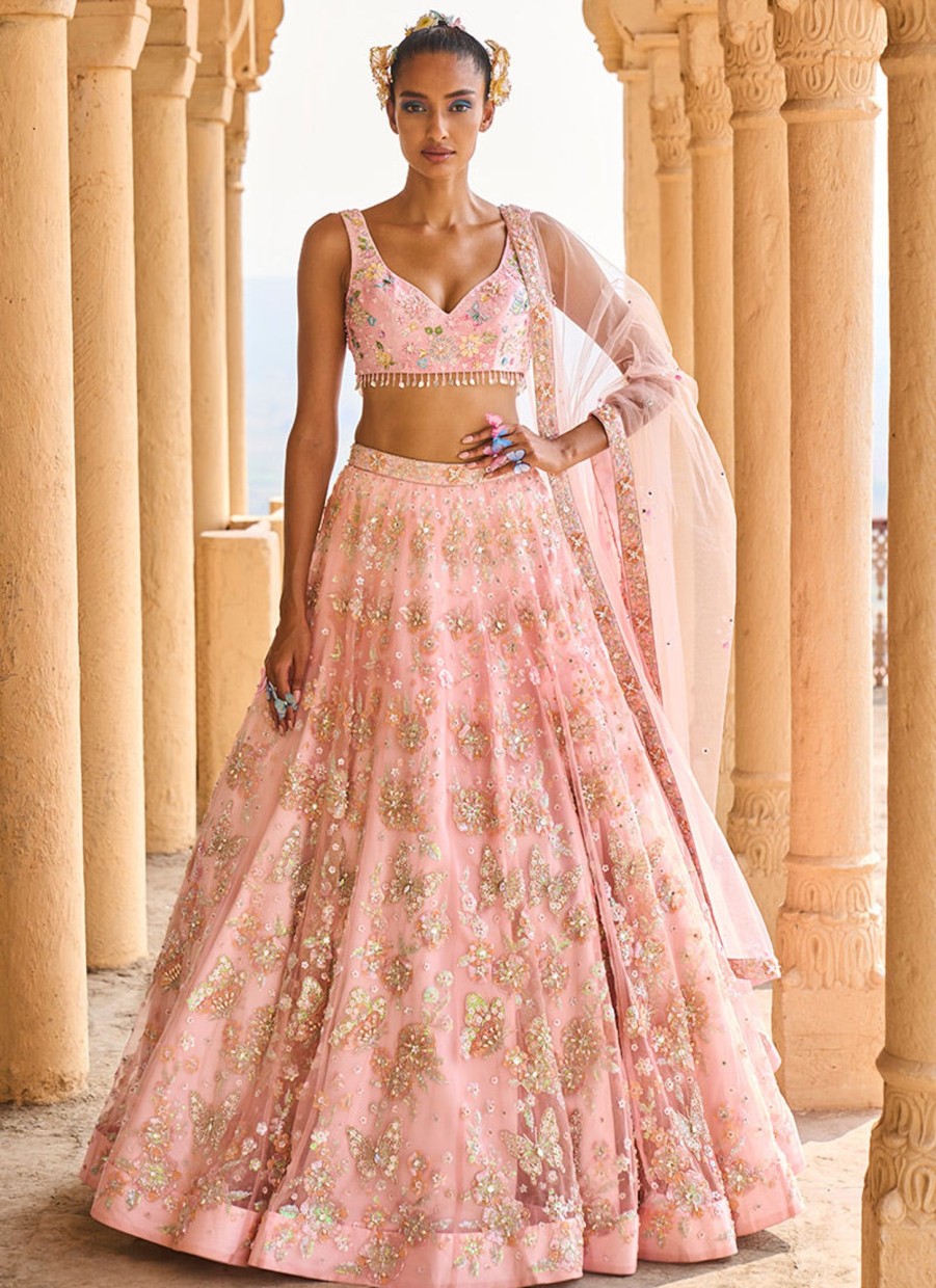 Women Lashkaraa | Peach Heavy Embellished Net Lehenga