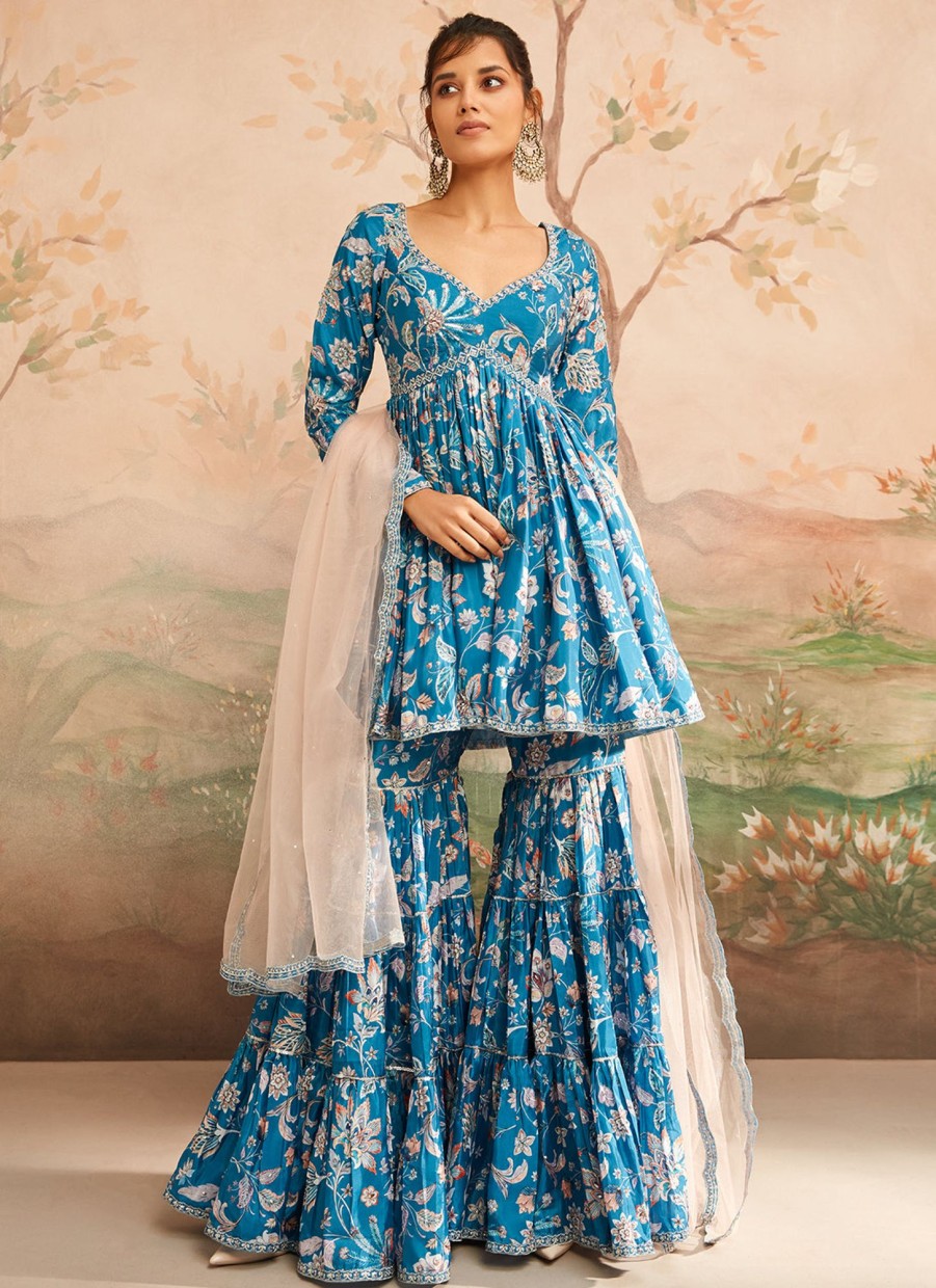 Women Lashkaraa | Teal Blue Floral Printed Gharara Suit