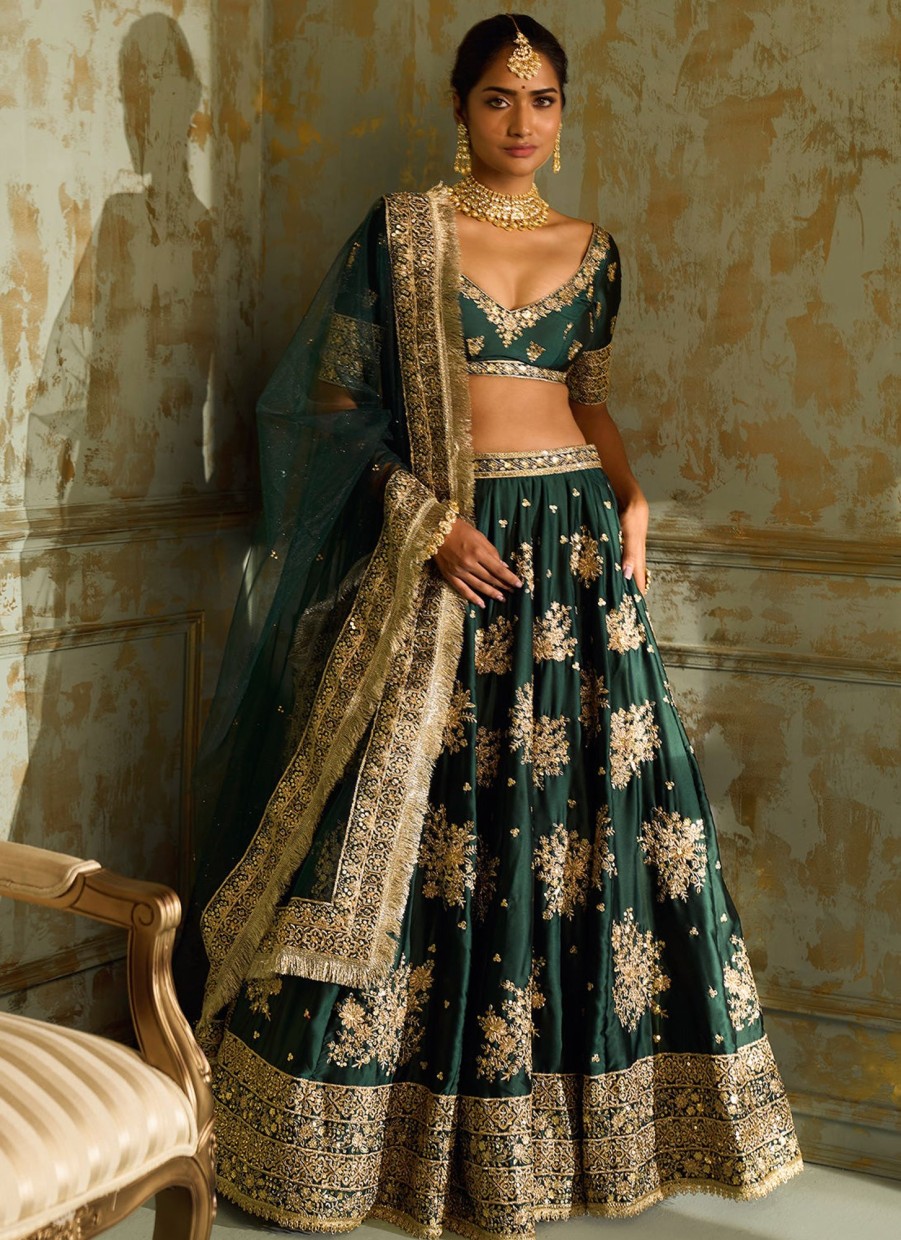 Women Lashkaraa | Dark Green Embroidered Lehenga