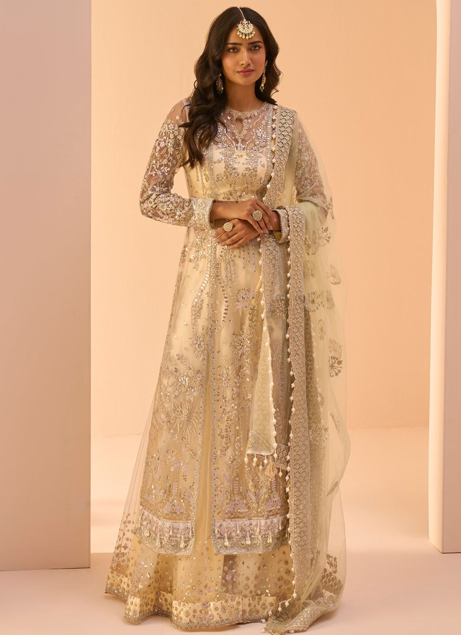 Women Lashkaraa | Soft Yellow Embroidered Sharara Suit