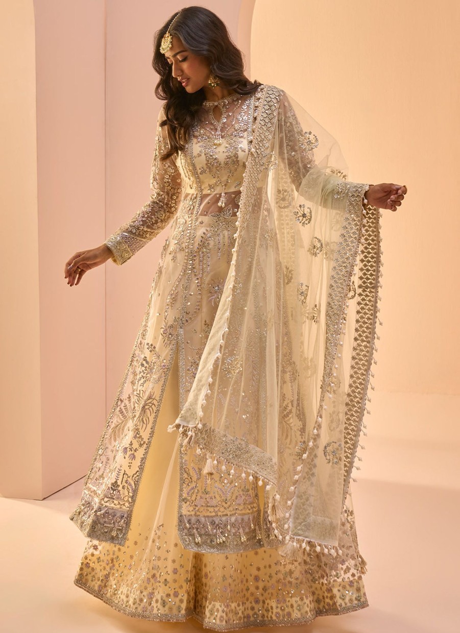 Women Lashkaraa | Soft Yellow Embroidered Sharara Suit