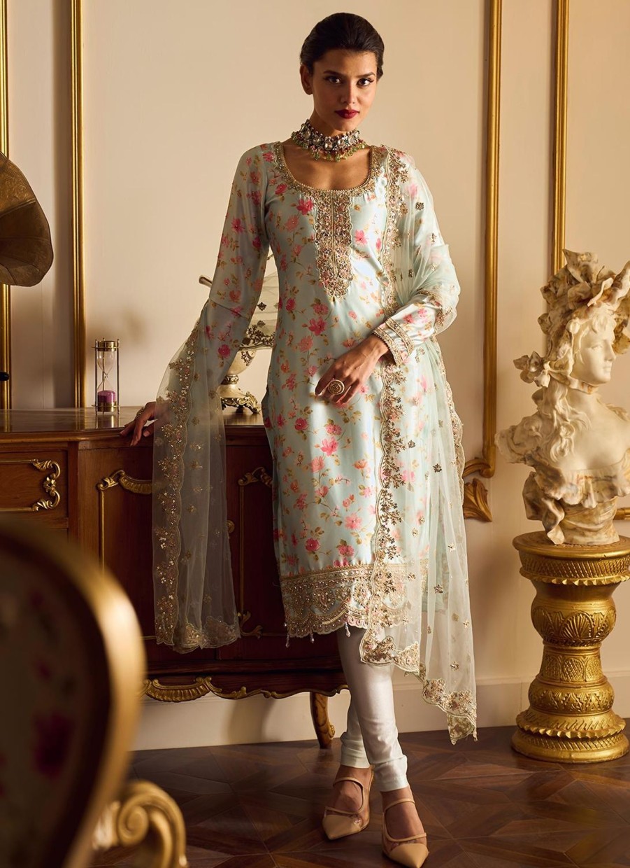 Women Lashkaraa | Light Mint Floral Printed Straight Suit