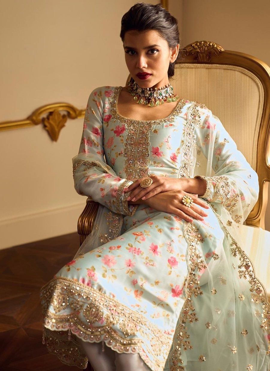 Women Lashkaraa | Light Mint Floral Printed Straight Suit