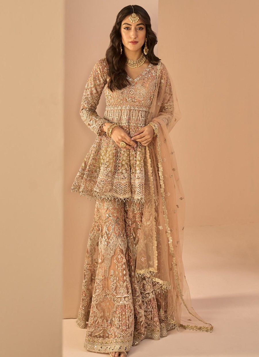 Women Lashkaraa | Dusty Peach Embroidered Sharara Suit