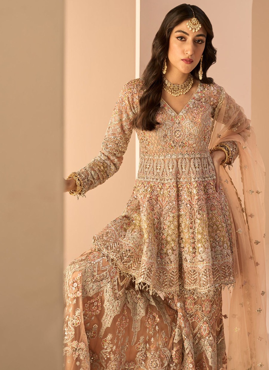 Women Lashkaraa | Dusty Peach Embroidered Sharara Suit