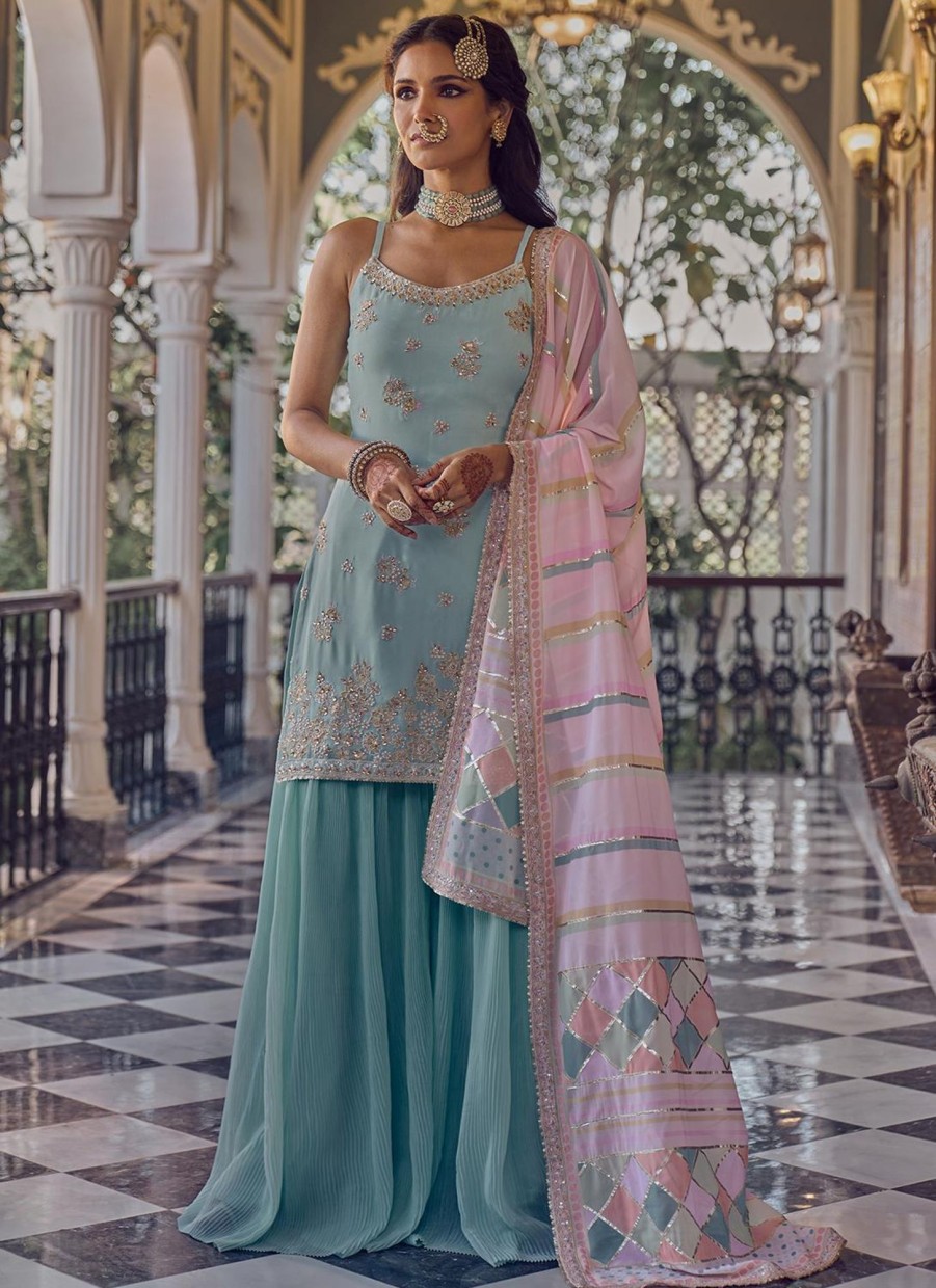 Women Lashkaraa | Light Blue Embroidered Sharara Suit