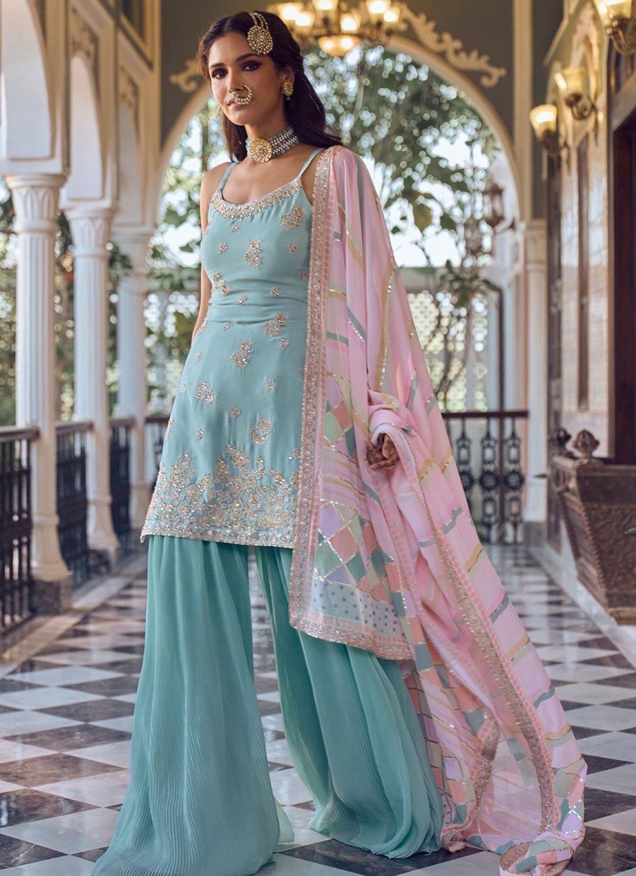 Women Lashkaraa | Light Blue Embroidered Sharara Suit