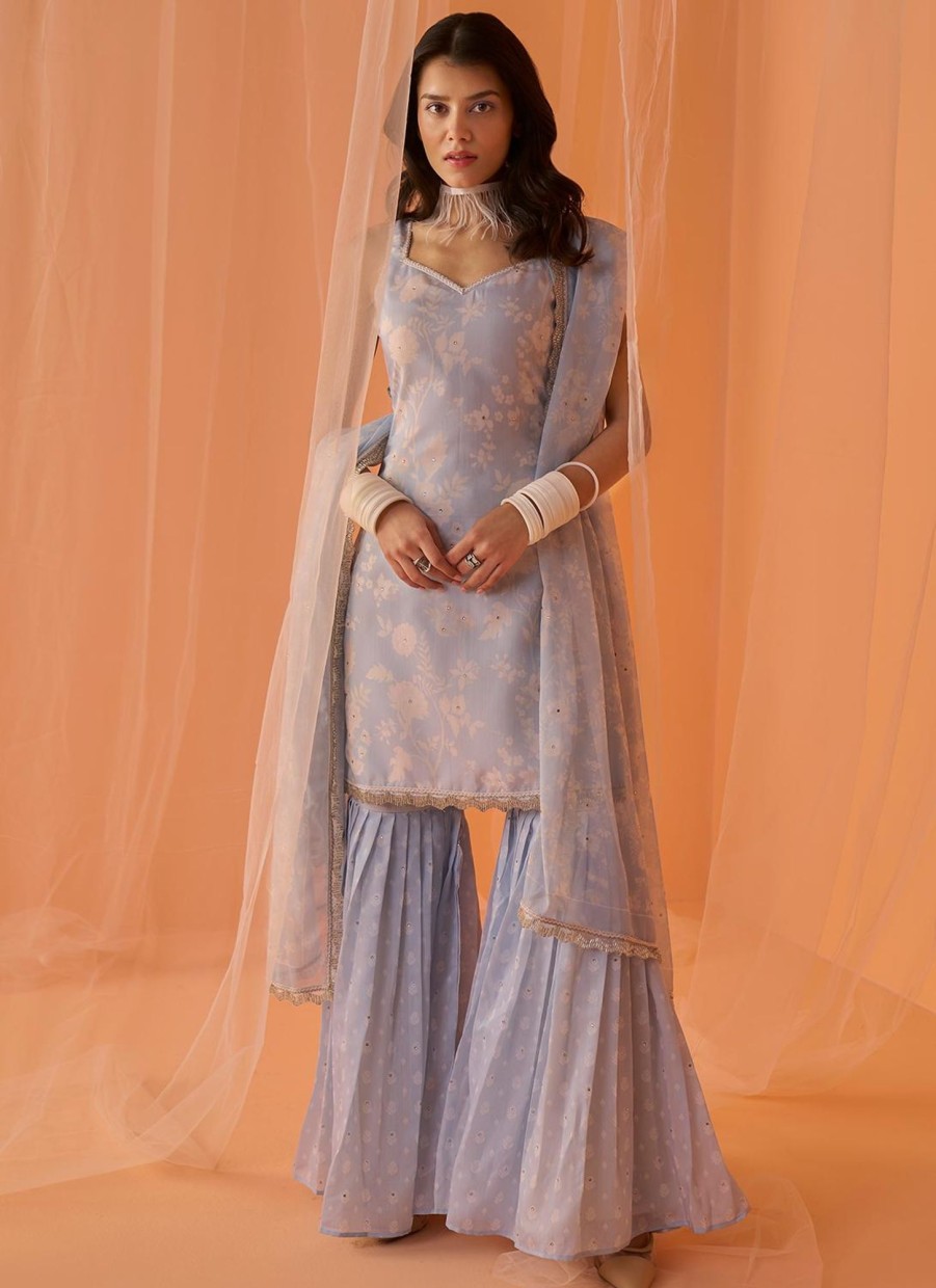 Women Lashkaraa | Light Blue And White Floral Printed Gharara Suit