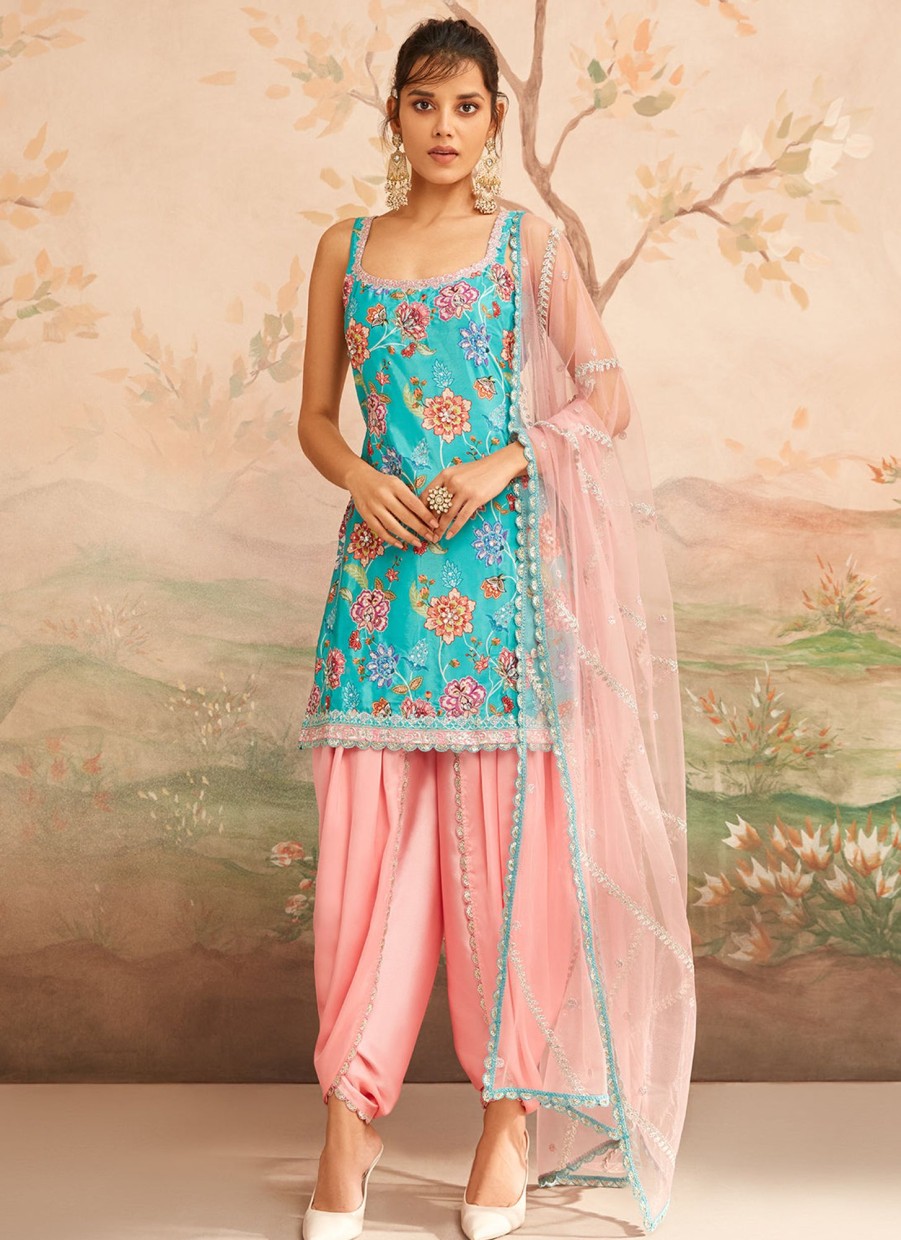 Women Lashkaraa | Teal And Pink Floral Printed Punjabi Suit