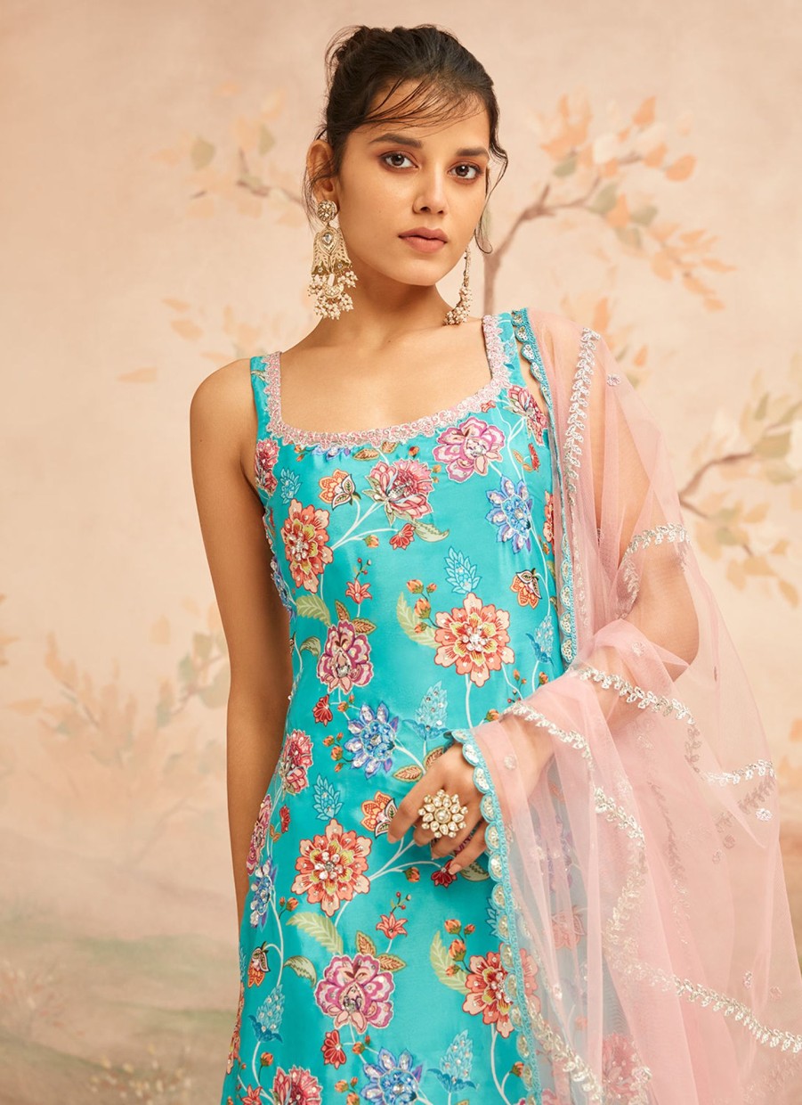 Women Lashkaraa | Teal And Pink Floral Printed Punjabi Suit