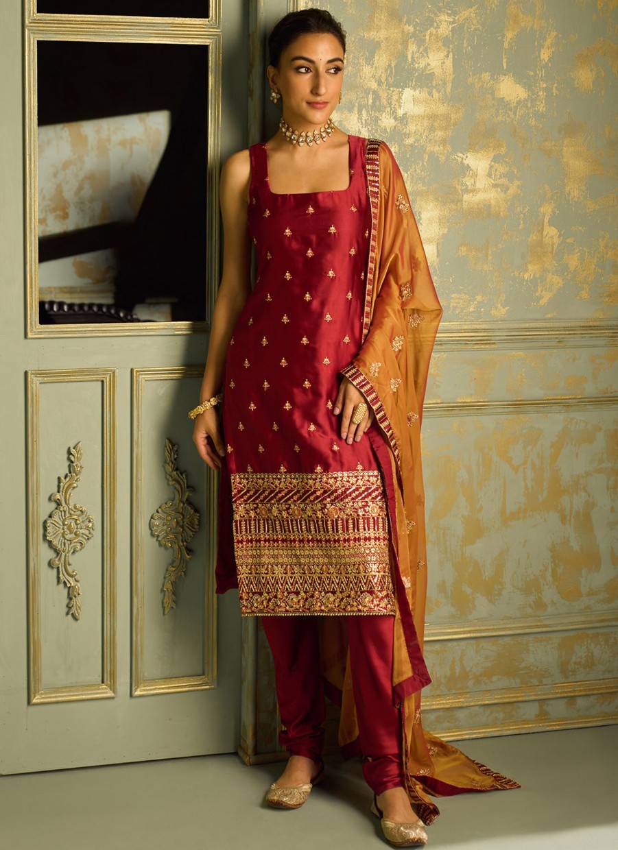 Women Lashkaraa | Red Embroidered Straight Suit