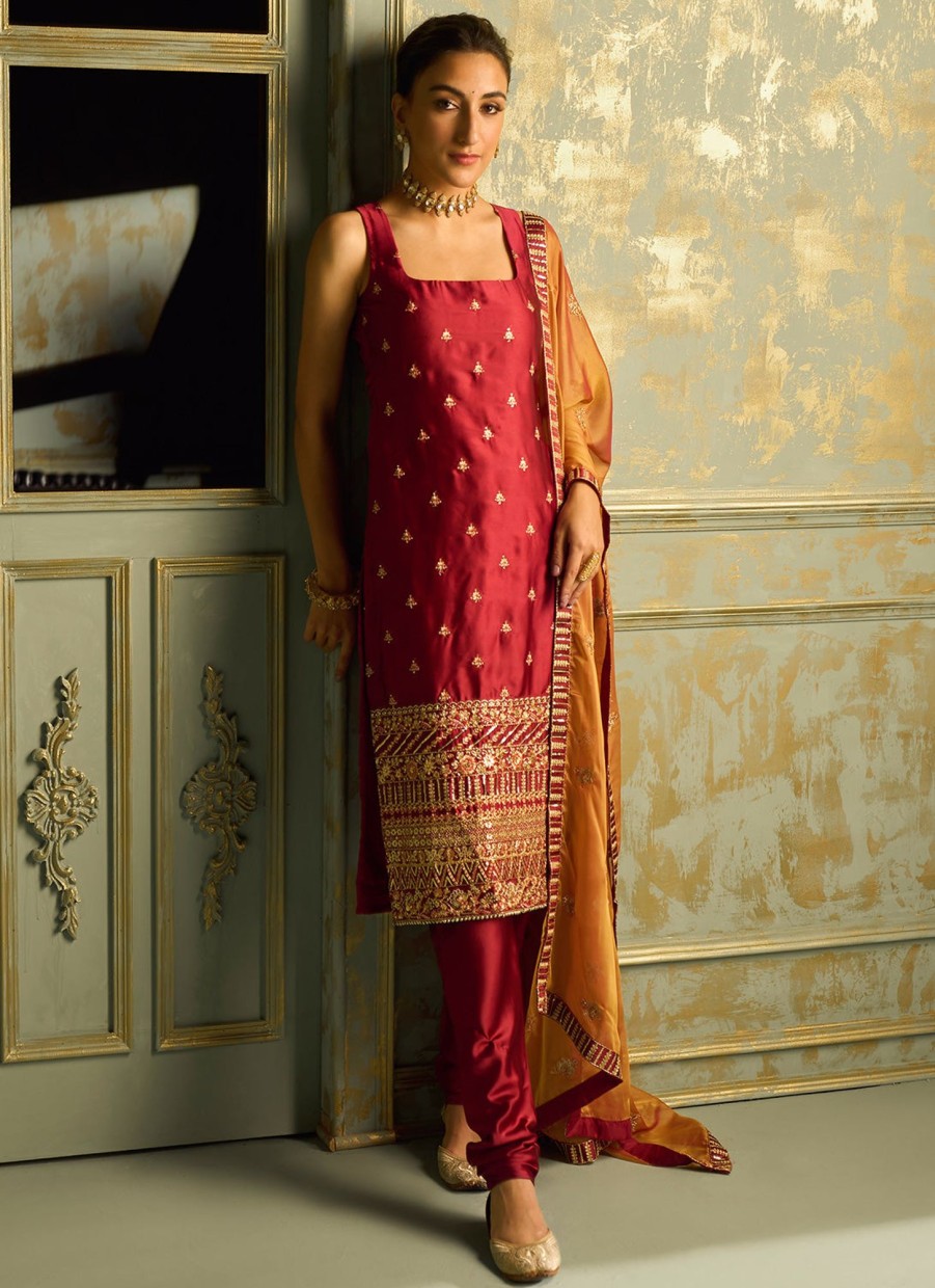 Women Lashkaraa | Red Embroidered Straight Suit