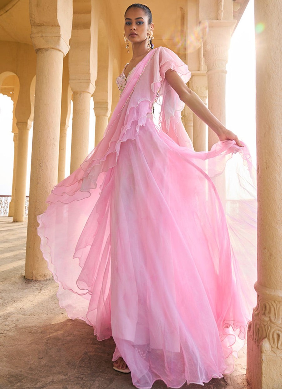 Women Lashkaraa | Ombre Pink Ruffled Chiffon Saree