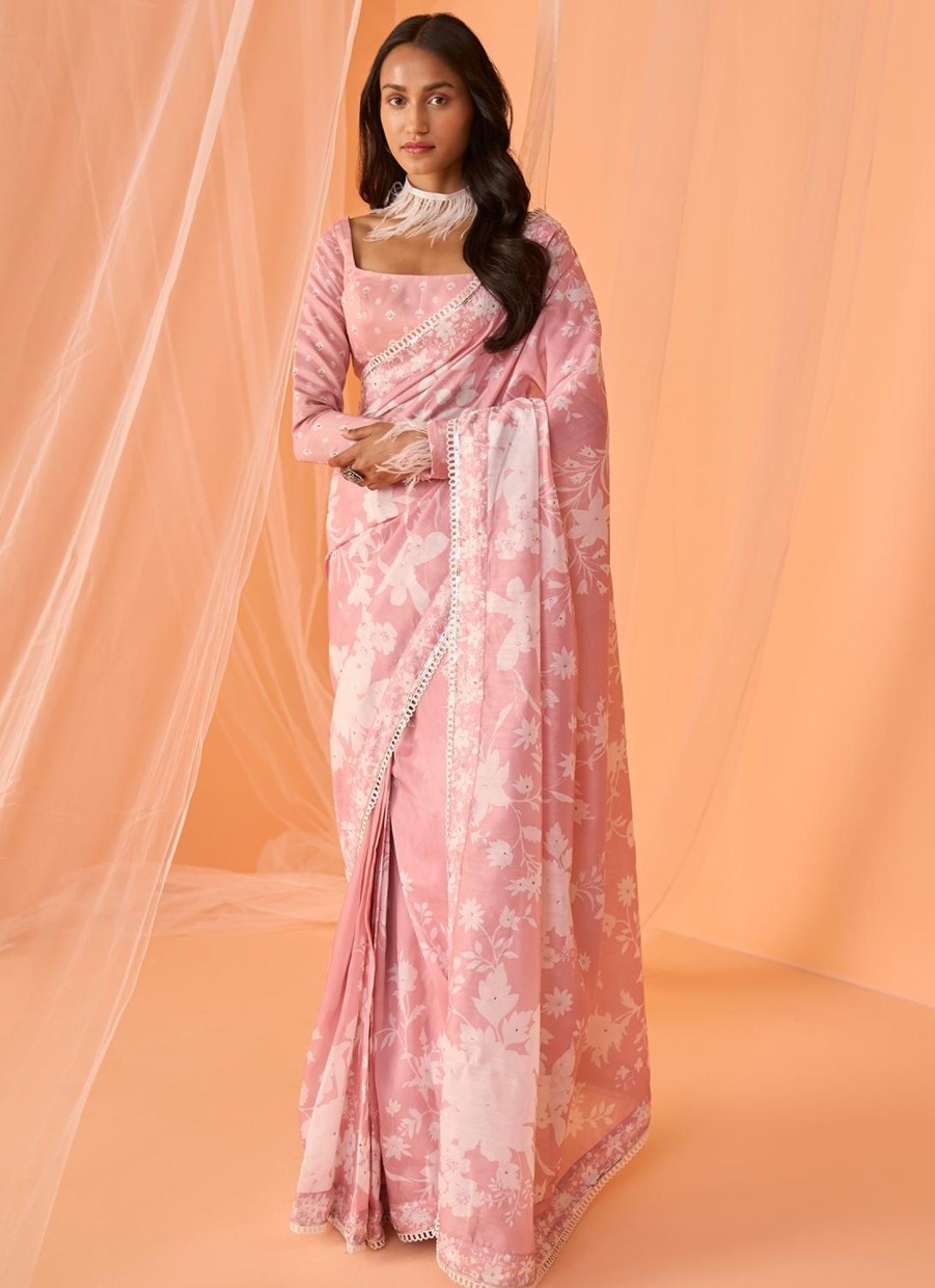 Women Lashkaraa | Peach White Floral Printed Saree