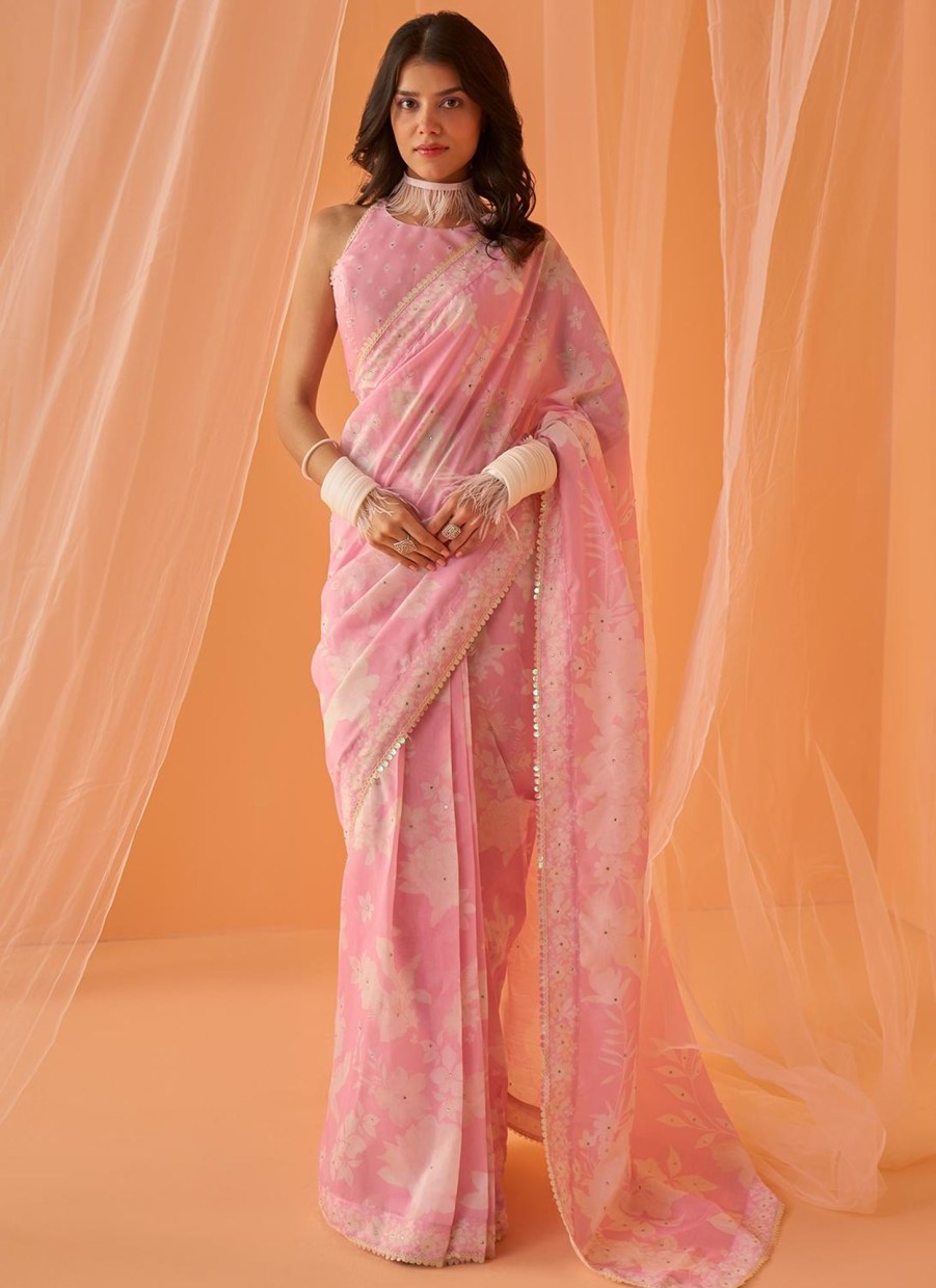 Women Lashkaraa | Light Pink White Floral Printed Saree