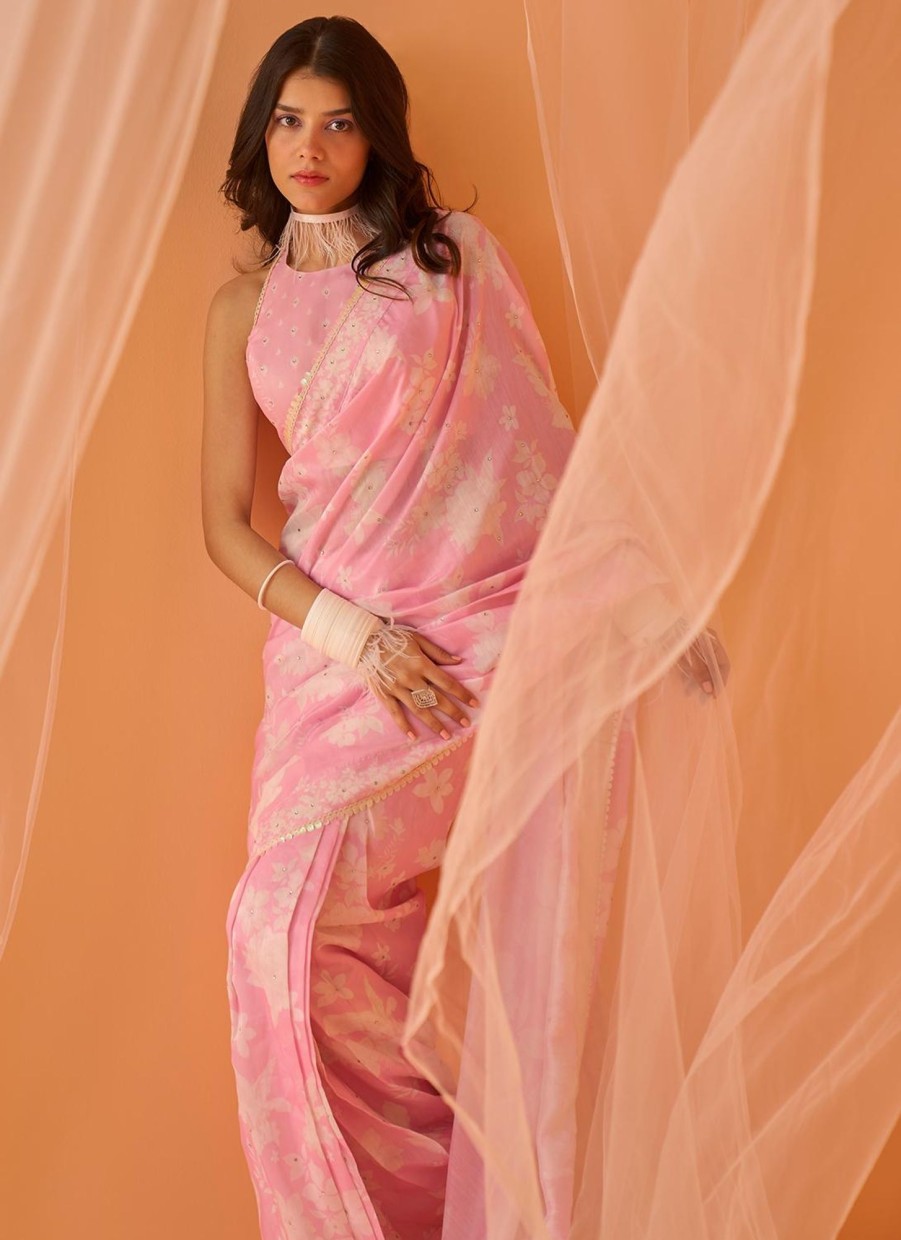 Women Lashkaraa | Light Pink White Floral Printed Saree