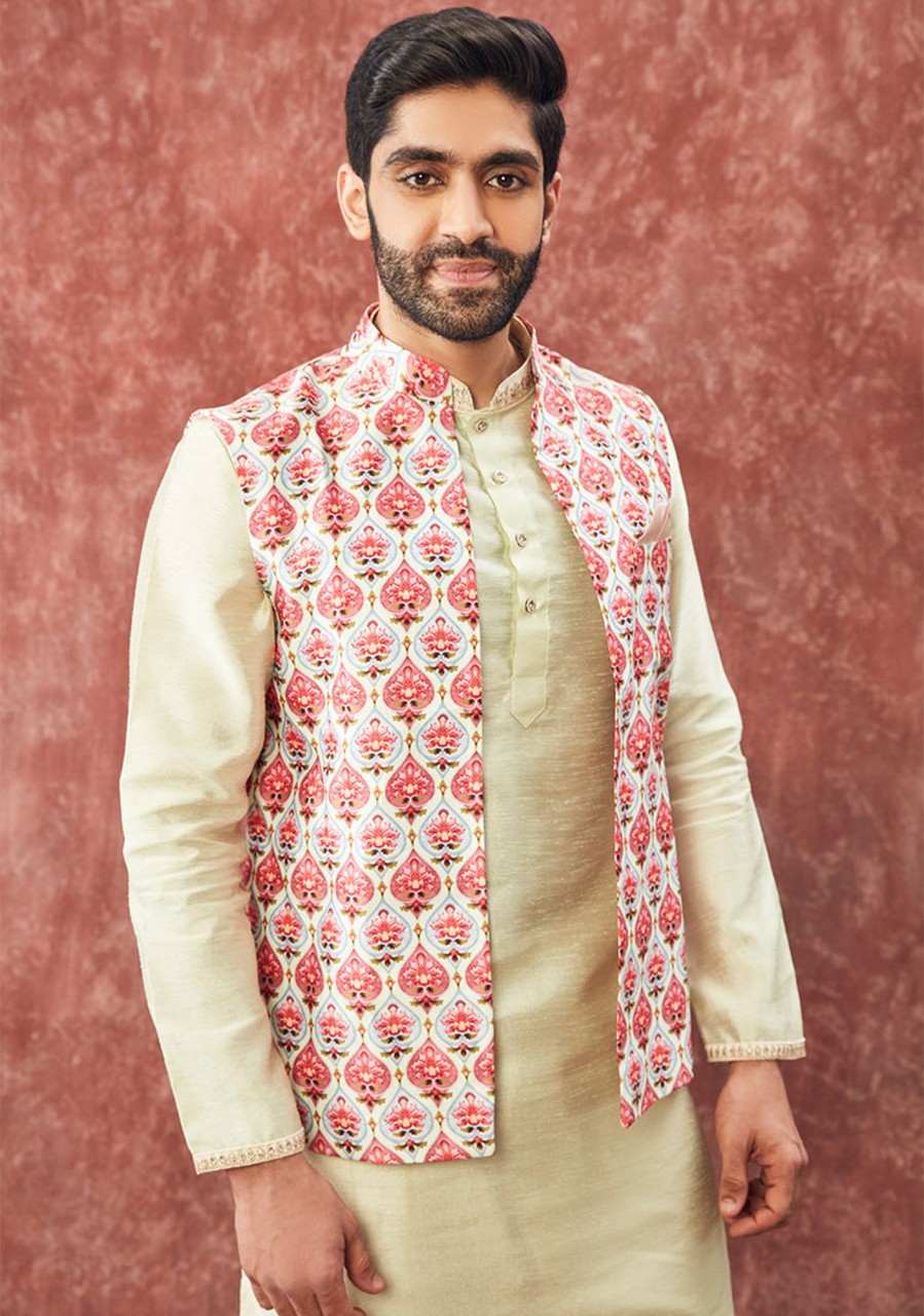 Men Lashkaraa | Dusty Green And Rose Nehru Jacket Set