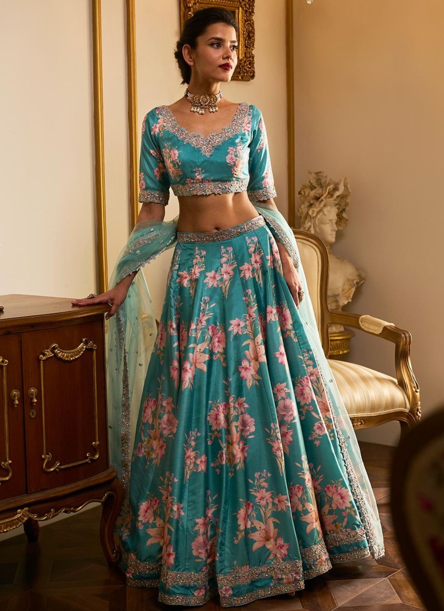 Women Lashkaraa | Turquoise Floral Printed Lehenga