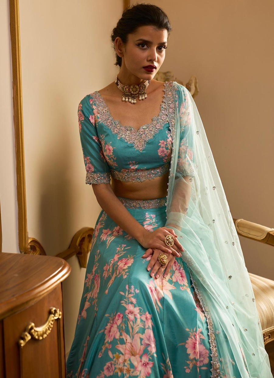 Women Lashkaraa | Turquoise Floral Printed Lehenga