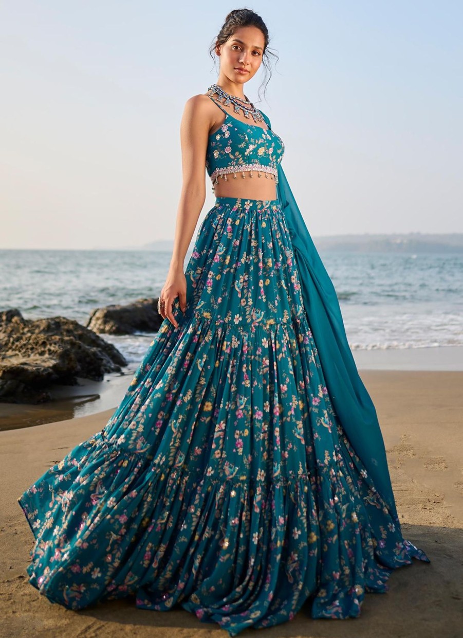 Women Lashkaraa | Teal Floral Printed Lehenga