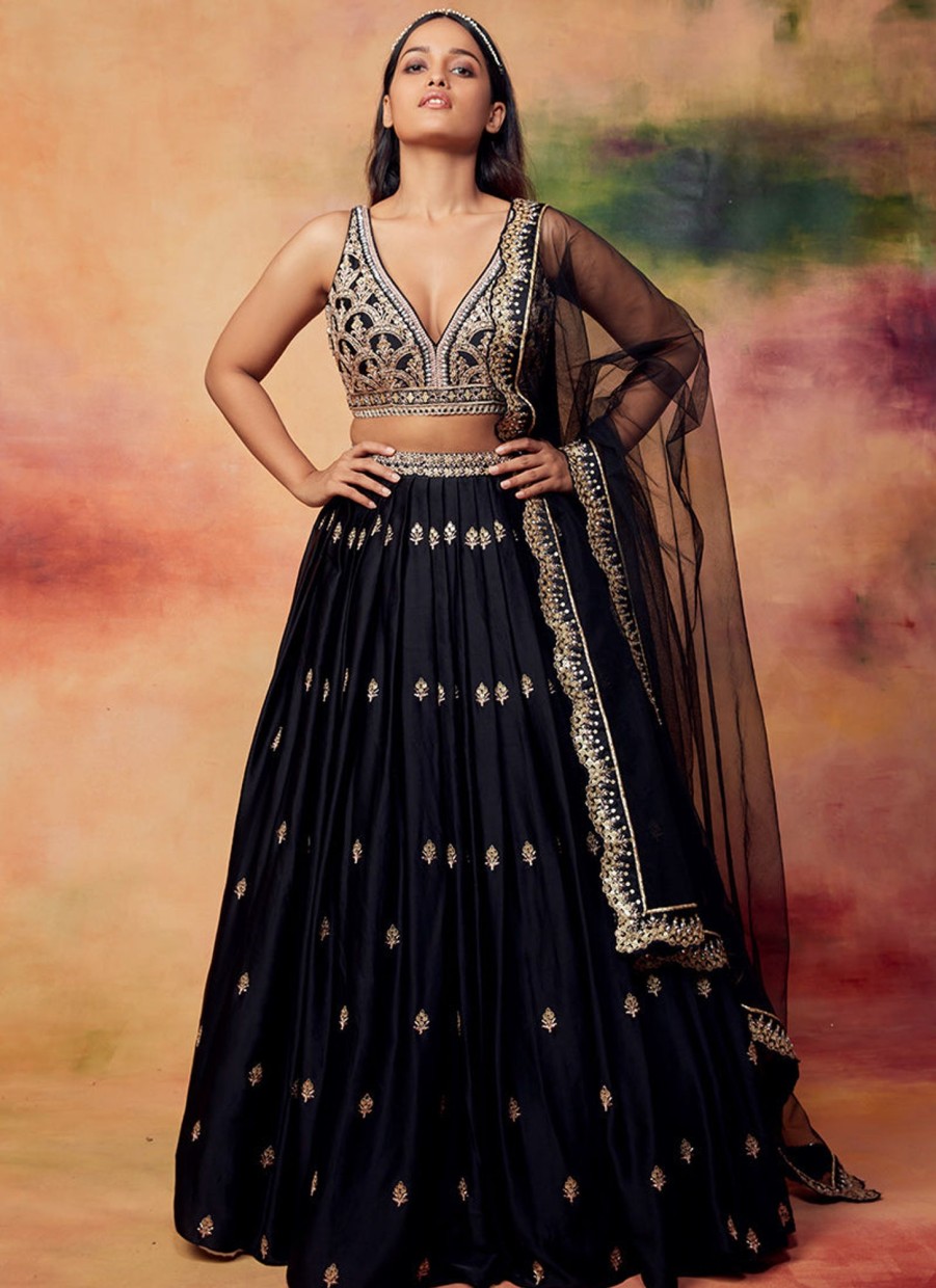 Women Lashkaraa | Black And Gold Embroidered Satin Lehenga