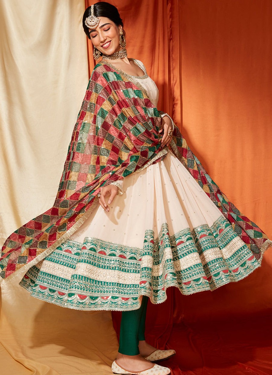 Women Lashkaraa | Cream Anarkali With Multicolor Phulkari Dupatta