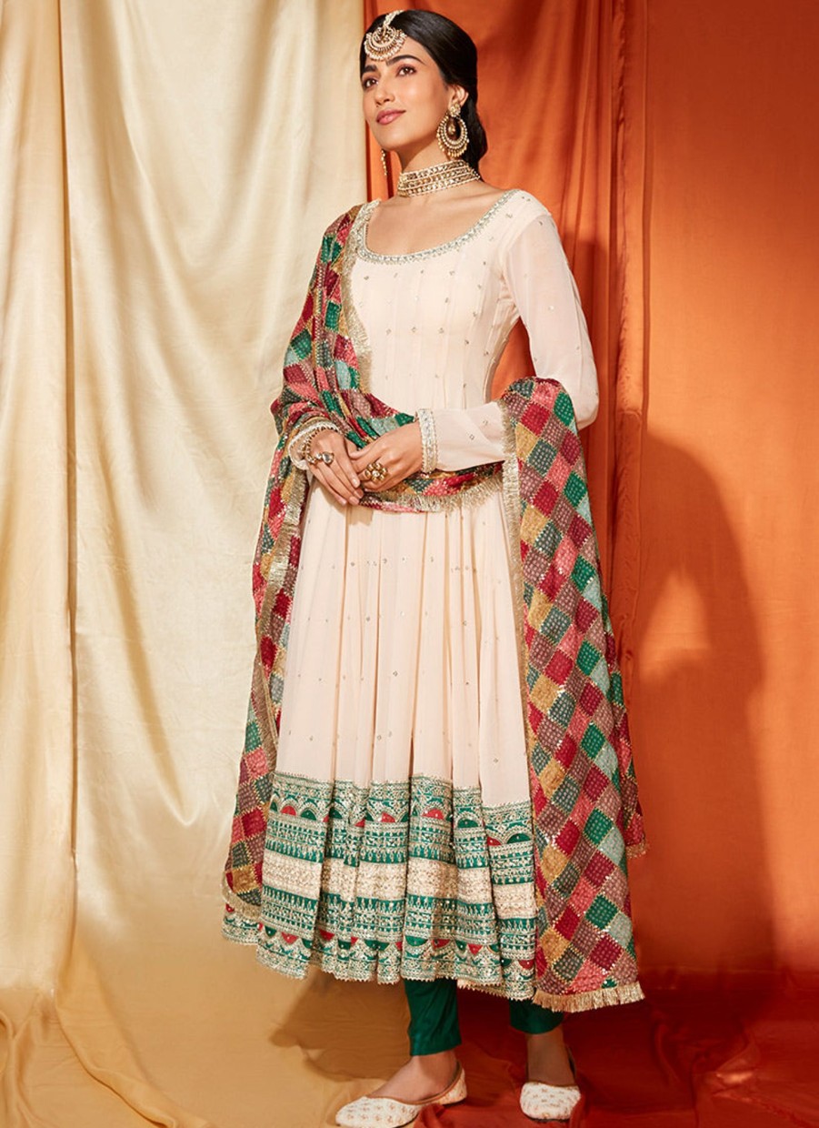 Women Lashkaraa | Cream Anarkali With Multicolor Phulkari Dupatta