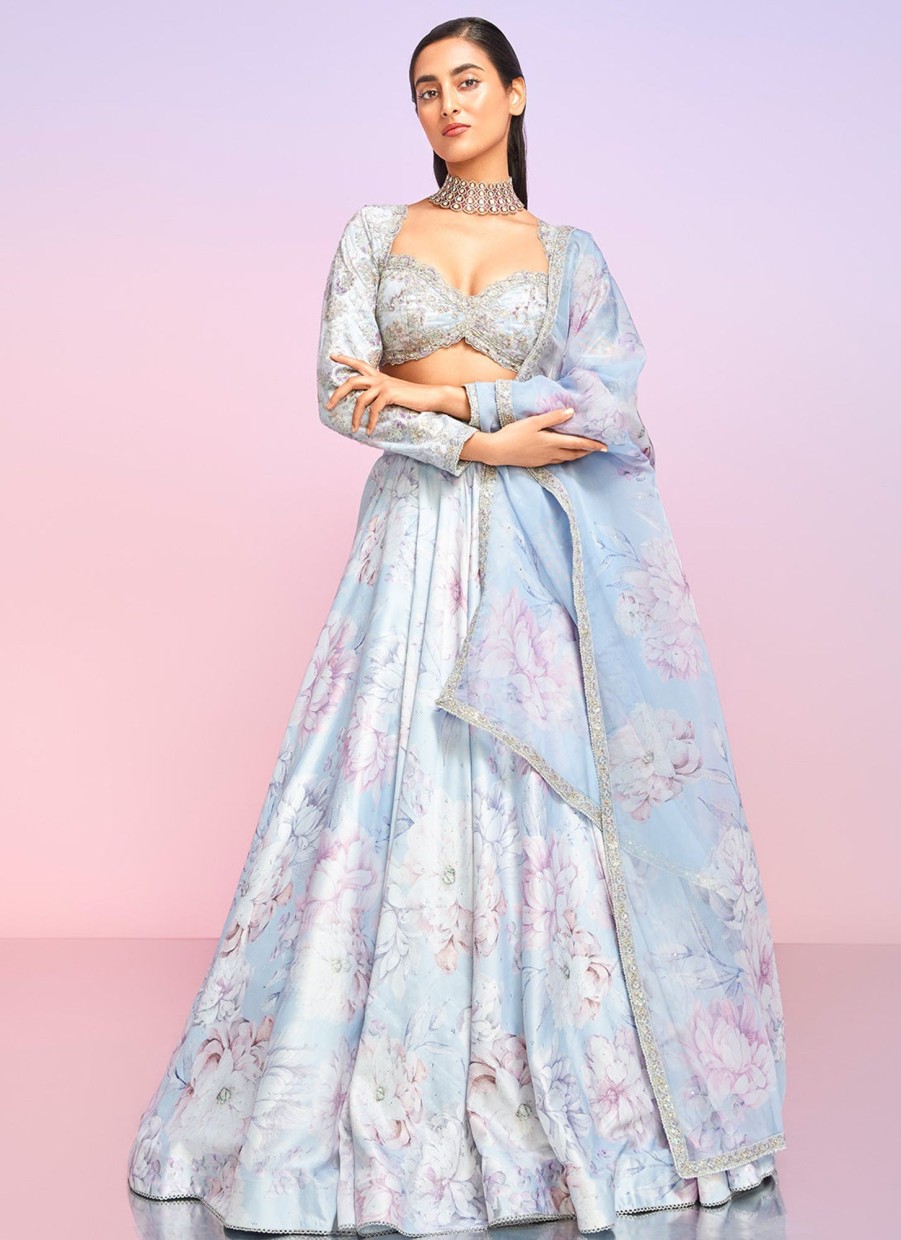 Women Lashkaraa | Light Dusty Periwinkle Floral Embellished Lehenga