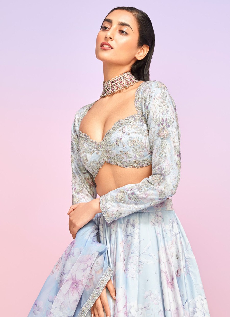 Women Lashkaraa | Light Dusty Periwinkle Floral Embellished Lehenga