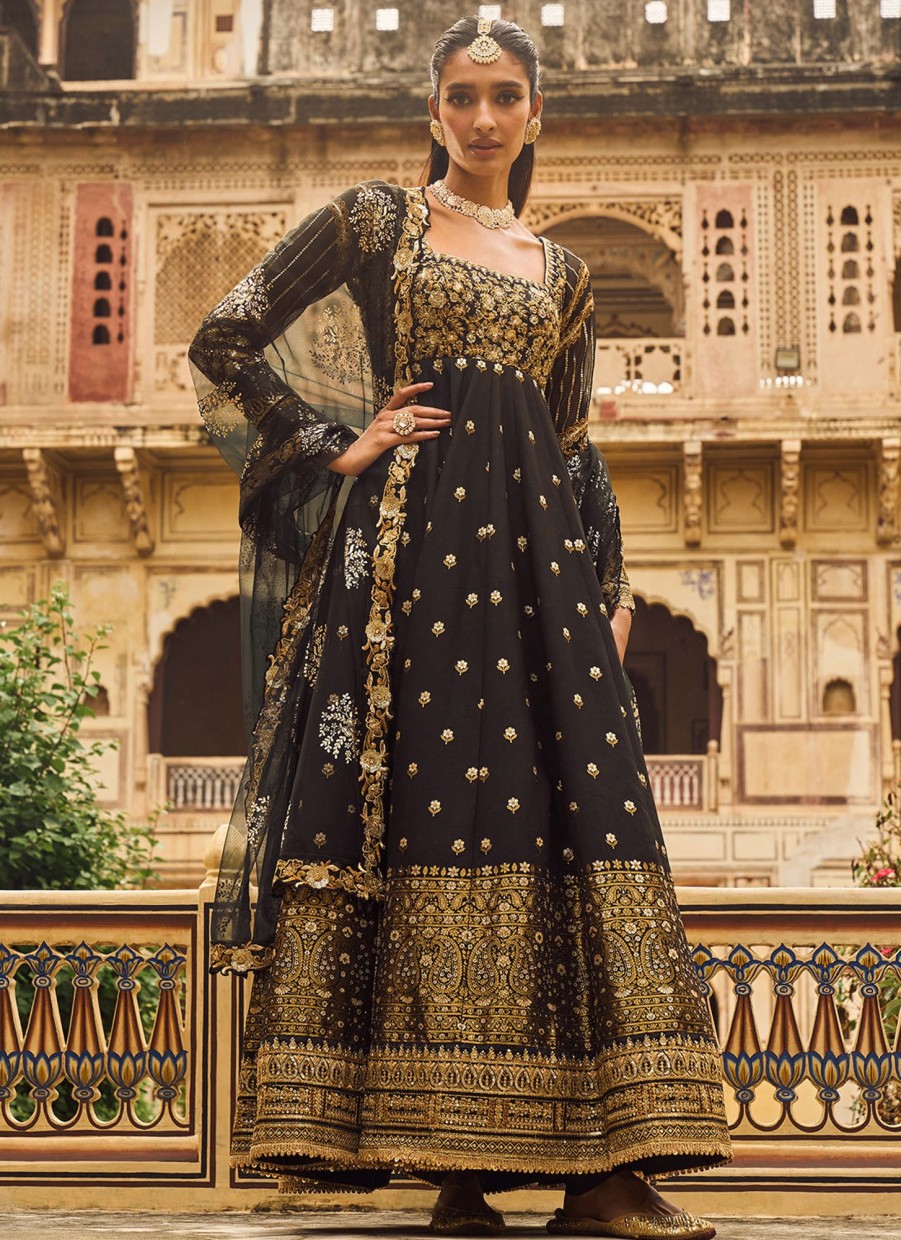 Women Lashkaraa | Black And Gold Embroidered Brocade Anarkali