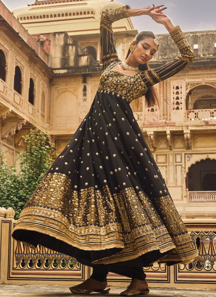 Women Lashkaraa | Black And Gold Embroidered Brocade Anarkali