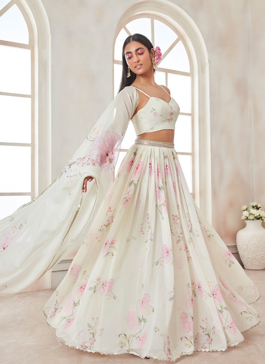 Women Lashkaraa | Off White And Pink Printed Georgette Lehenga