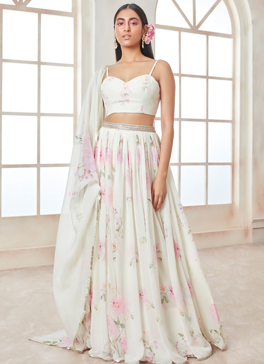 Women Lashkaraa | Off White And Pink Printed Georgette Lehenga