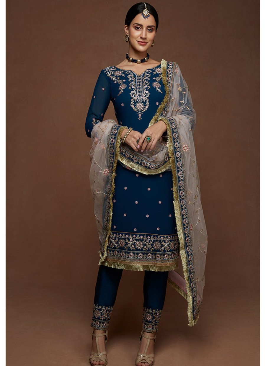 Women Lashkaraa | Blue And Light Pink Embroidered Straight Suit