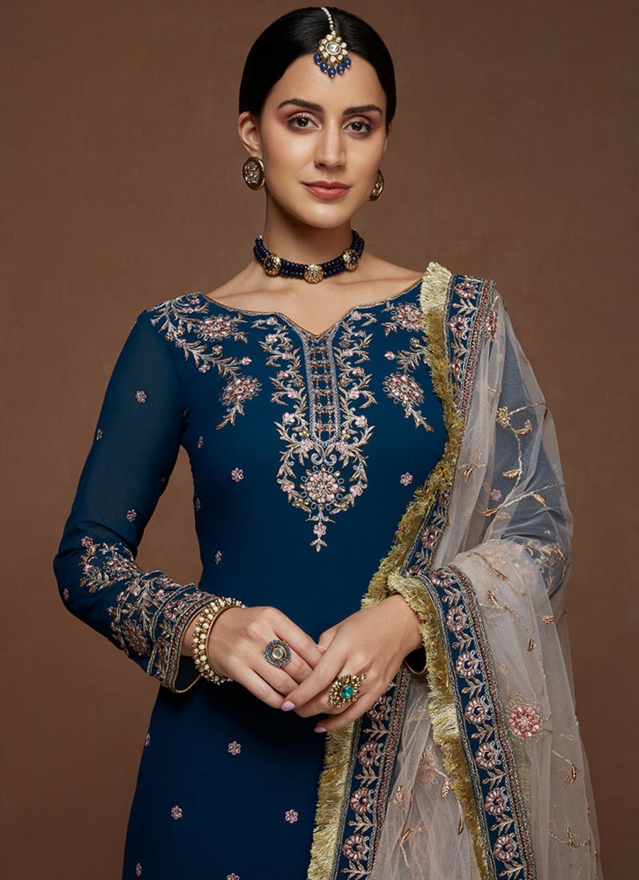 Women Lashkaraa | Blue And Light Pink Embroidered Straight Suit