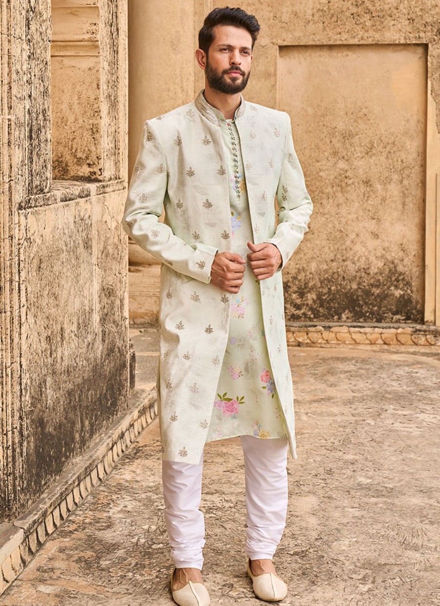 Men Lashkaraa | Light Green Hand Embroidered Velvet Jodhpuri Set