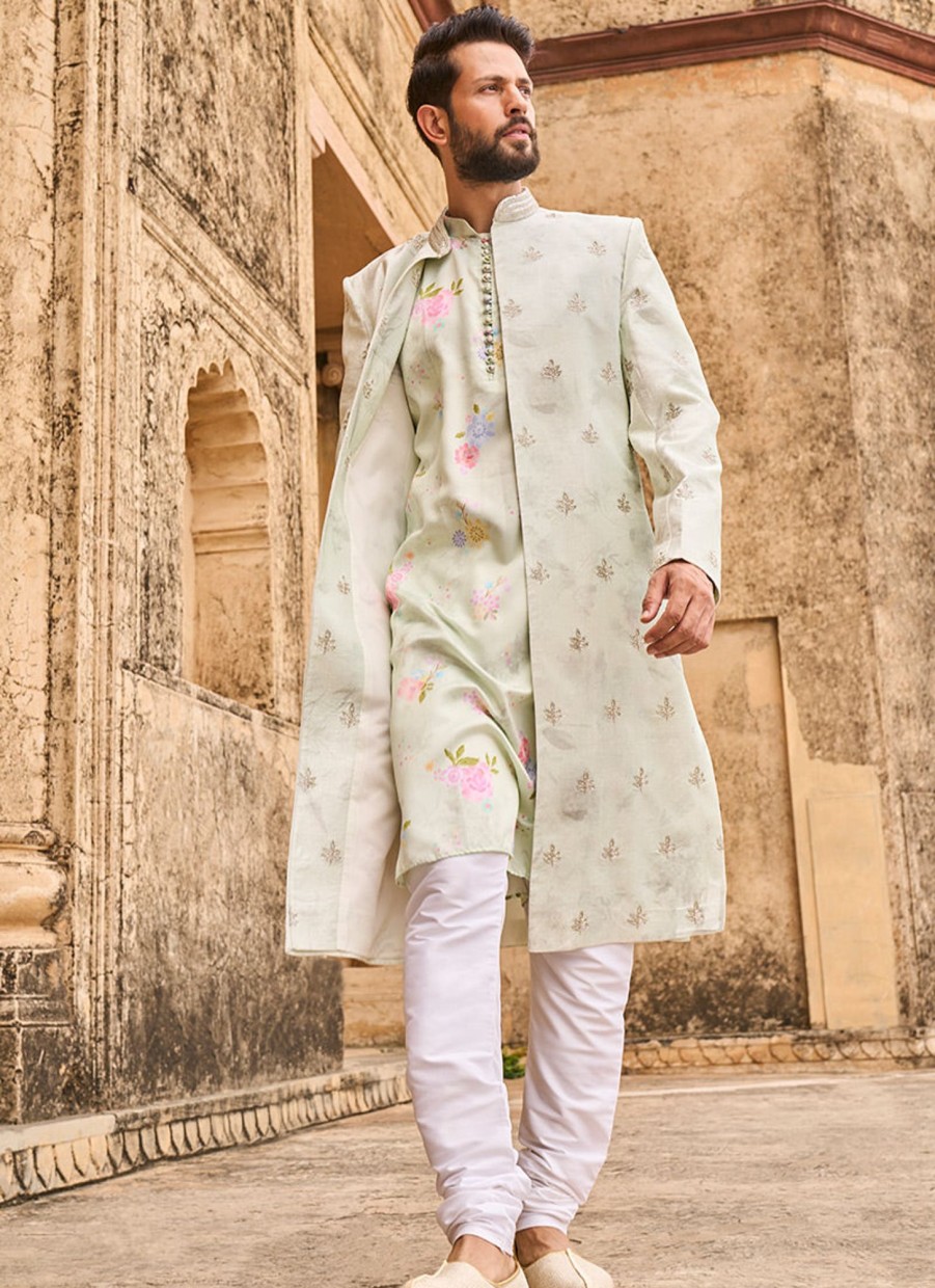 Men Lashkaraa | Light Green Hand Embroidered Velvet Jodhpuri Set