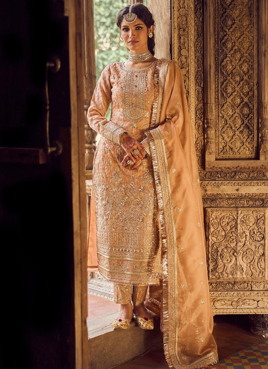 Women Lashkaraa | Dusty Peach Embroidered Straight Suit