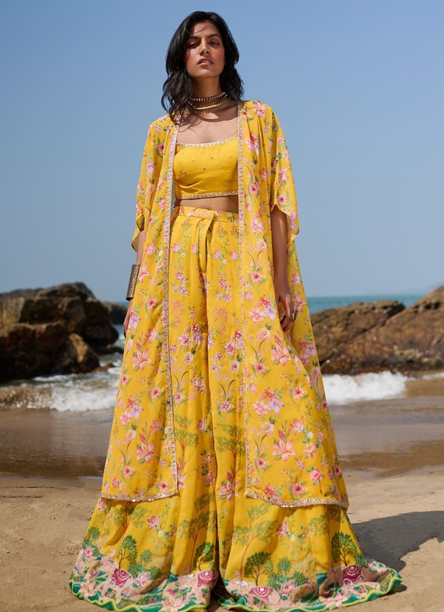 Women Lashkaraa | Yellow Floral Printed Crop Sharara Set